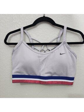 Nike Womens Dri-Fit Sports Bra L Strappy Back Light Gray With Red & Blue Trim